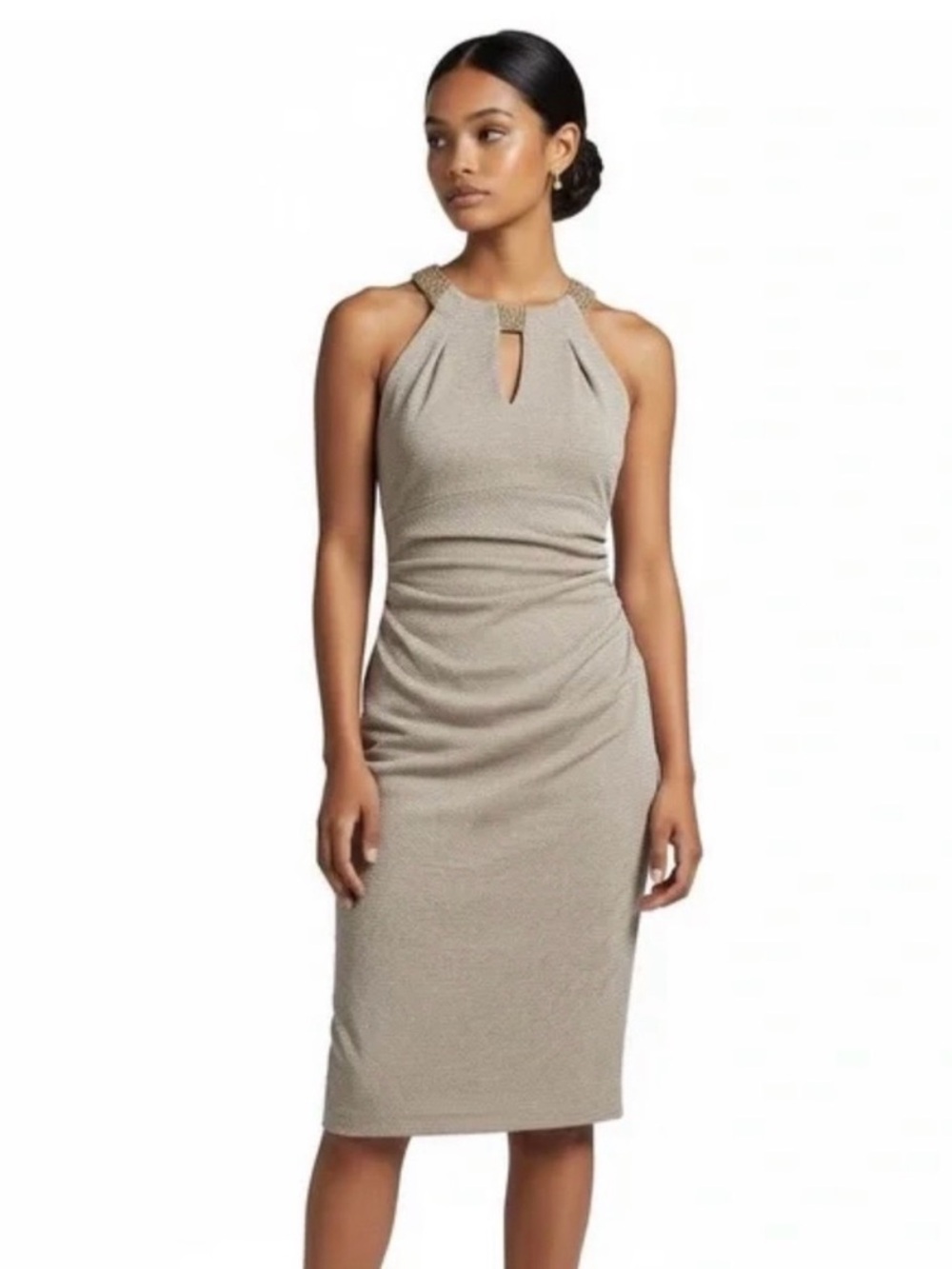 Betsy & Adam Taupe Glitter Cocktail Dress Women 8 Gold Jeweled Keyhole Neck Chic